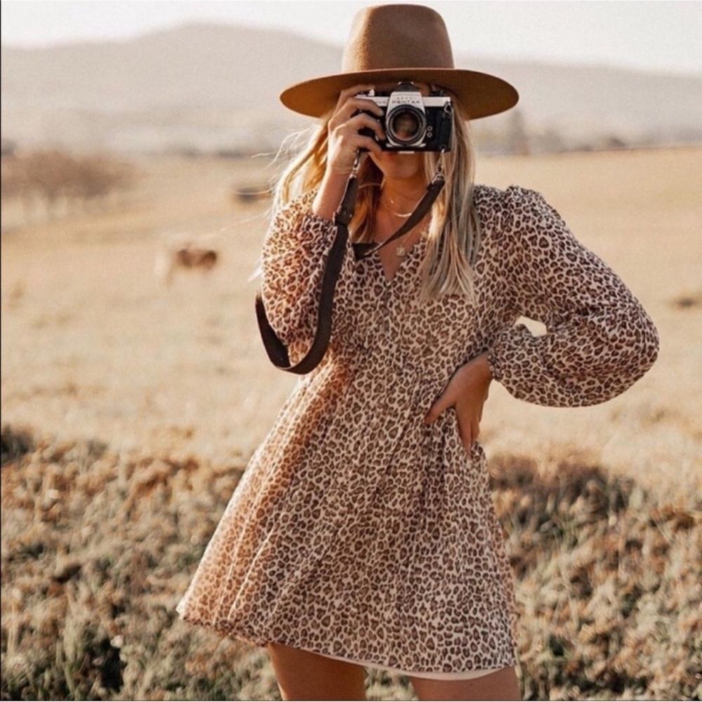 Auguste Animal Cheetah Nomad Helena Tan‎ Brown Black puff sleeve Mini Dress 4